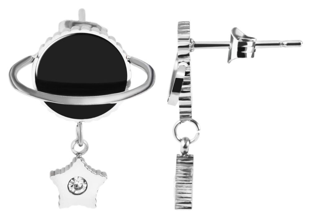 Edelstahl Ohrstecker, Planet, Stern, silberfarbig, schwarz