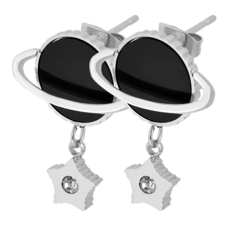 Edelstahl Ohrstecker, Planet, Stern, silberfarbig, schwarz – Bild 2